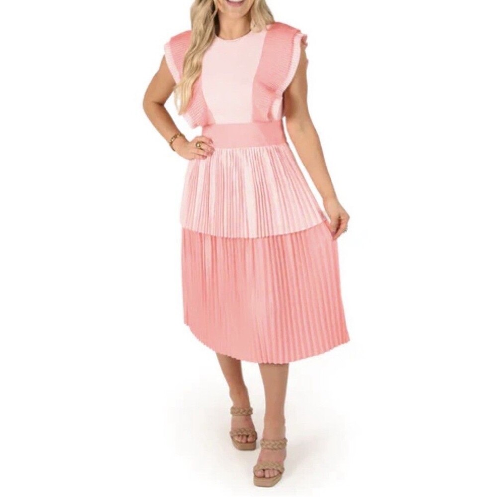 Emily Mccarthy Chloe Dress Rose Petal Pink Pleated Midi Women Size XL NWT - Picture 2 of 14